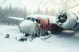 Crashed plane winter forest. Generate Ai photo