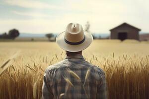 americano granjero trigo campo de pie. generar ai foto