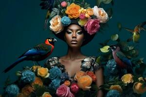Woman fashion flowers birds. Generate Ai photo