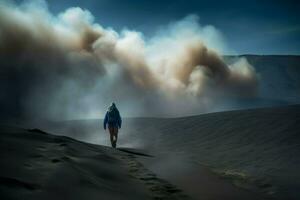 Man desert smoke. Generate Ai photo