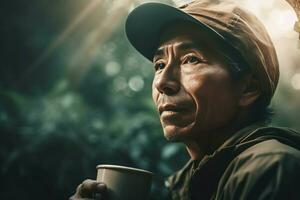 Older asian climber drinking coffee. Generate Ai photo