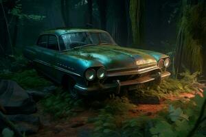 Rusty abandoned car in forest. Generate Ai photo