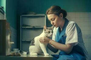 hembra veterinario gato médico servicio. generar ai foto