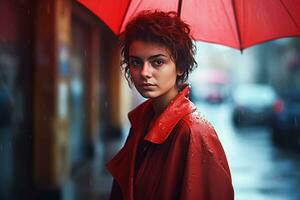 mujer lluvia rojo abrigo. generar ai foto