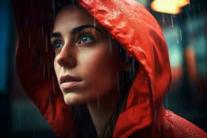 mujer lluvia rojo Saco positivo. generar ai foto