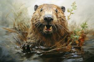 Adaptive Beaver river animal wild. Generate Ai photo