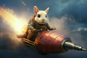 Speedy Rabbit riding on rocket. Generate Ai photo