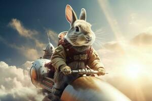 Whimsical Rabbit riding on rocket. Generate Ai photo