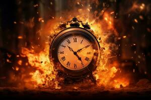 Charred Old burning clock. Generate AI photo