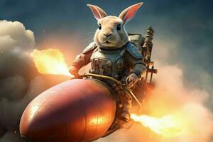 Daring Rabbit riding on rocket. Generate Ai photo