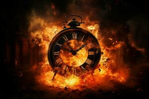 deteriorado por el tiempo antiguo ardiente reloj. generar ai foto