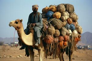 Camel carry load goods in desert. Generate Ai photo