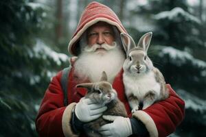 Whimsical Bunny santa claus. Generate Ai photo