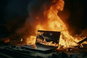Fiery Burning laptop table. Generate Ai photo