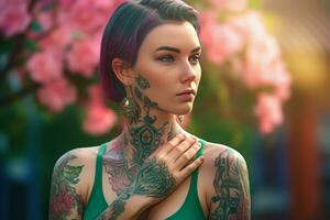 Girl green dress tattoos posing. Generate Ai photo