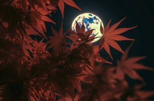 Red leaves night moon. Generate Ai photo