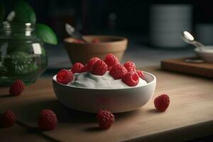 Yogurt raspberry breakfast. Generate Ai photo