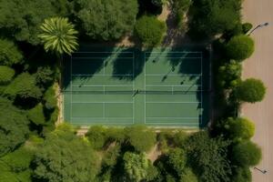 Tennis court drone view in palms. Generate Ai photo