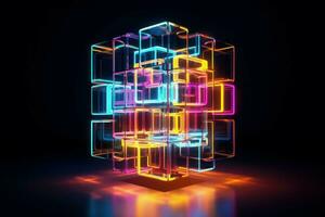 Futuristic abstract neon cube. Generate Ai photo