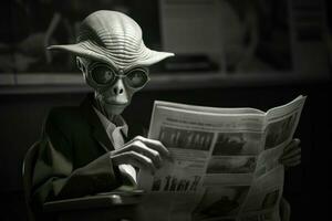 Surreal alien read newspaper. Generate Ai photo