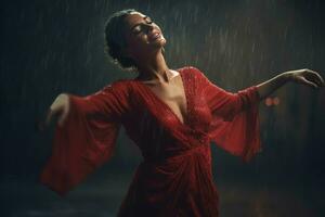 Happy woman dancing rain. Generate Ai photo