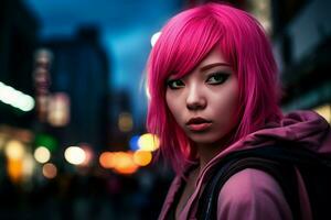 Asian pink anime girl. Generate Ai photo