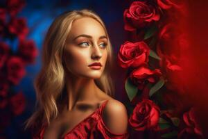 Blonde woman red flowers dress. Generate Ai photo