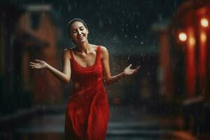 Happy woman red dress dancing rain. Generate Ai photo