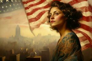 Inspired American woman look at city. Generate Ai photo