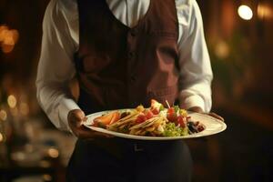 camarero manos recoger restaurante alimento. generar ai foto