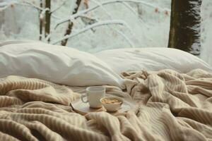 Comforting Coffee cup winter bed couple. Generate Ai photo