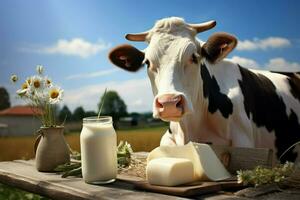 Nutritious Dairy cow products sunny day. Generate Ai photo