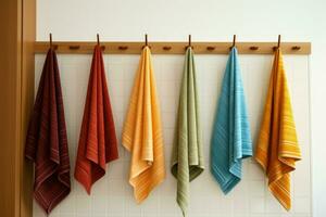 Lightweight Kitchen colorful towels hanging on rack. Generate AI photo