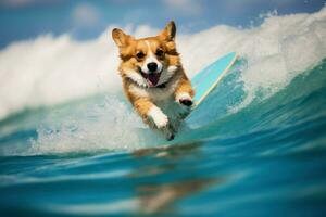 ágil perro gracioso montando tabla de surf. generar ai foto
