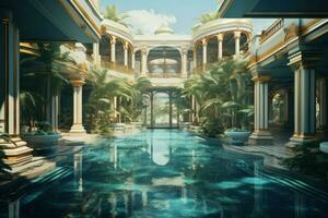 Abandoned Empty luxurious resort pool. Generate Ai photo