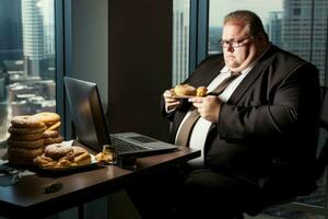 Fat businessman eating while work. Generate Ai photo