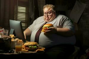 Indulgent Fat businessman eating while work. Generate Ai photo