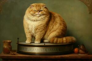 Overweight Fat cat standing on scales. Generate Ai photo