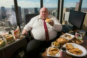 Sedentary Fat businessman eating while work. Generate Ai photo