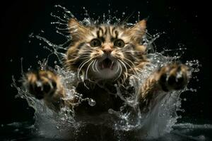 Chaos-causing Cat splashing water run. Generate Ai photo