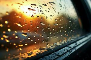 Shimmering Water rain droplets car window. Generate Ai photo
