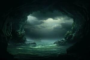 Mystical Sea wave photo from cave. Generate AI