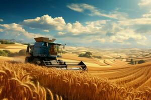 Vast Combine harvest wheat field rural. Generate Ai photo