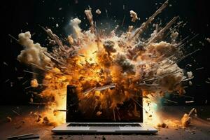 Shocking Computer desktop exploding. Generate Ai photo
