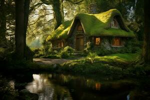 Picturesque Cottage nestled moss. Generate Ai photo