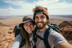 Adventurous Couple traveler selfie. Generate Ai photo