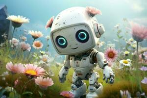 Cute robot girl with flowers. Generate AI photo