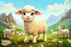 Adorable Cute sheep cartoon. Generate Ai photo