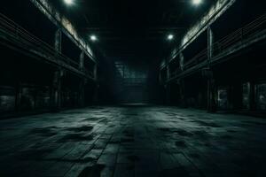 Dilapidated Dark empty warehouse. Generate Ai photo