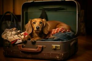 Obedient Dog sit at open suitcase. Vacation travel photo